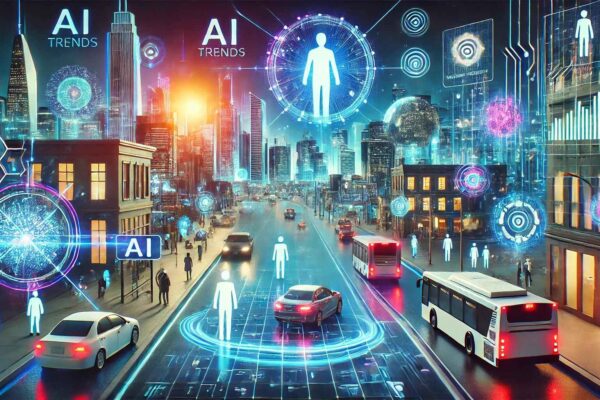 2025 AI ட்ரெண்ட்ஸ் showcasing a futuristic digital cityscape with AI-powered robots, machine learning algorithms, virtual and augmented reality interfaces, smart homes, autonomous vehicles, and wearable technology. The scene highlights human-AI collaboration in a vibrant, high-tech environment featuring neon lights and holograms."