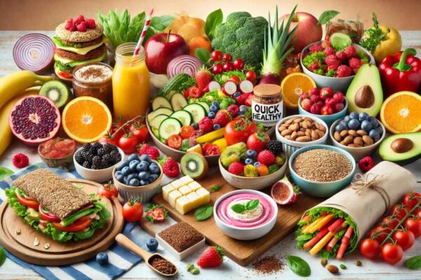 விரைவான ஆரோக்கிய உணவுகள், பல்வேறு பழங்கள், காய்கறிகள், குறைந்த கொழுப்பு புரதங்கள், முழு தானியங்கள் மற்றும் ஆரோக்கிய ஸ்நாக்ஸ் அழகாக விரிவாக்கப்பட்டு, எளிதில் தயாரிக்கக்கூடிய சுவையான உணவுகளாக காட்டப்பட்டுள்ளது.