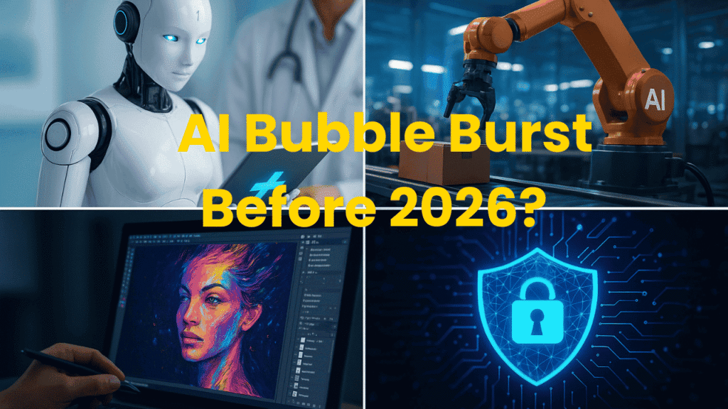 Collage showing real-world AI applications in healthcare, automation, creative design, and cybersecurity that continue to grow even during the AI bubble
