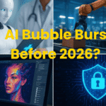 Collage showing real-world AI applications in healthcare, automation, creative design, and cybersecurity that continue to grow even during the AI bubble