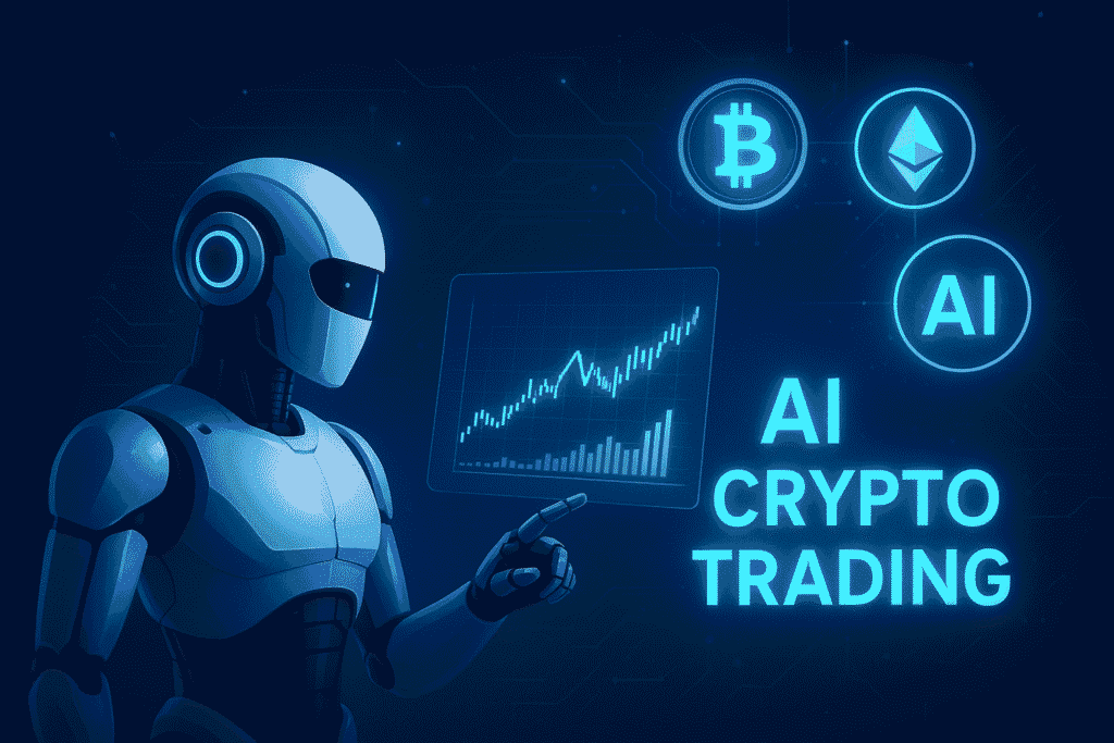 Futuristic AI robot analyzing cryptocurrency market data with Bitcoin and Ethereum symbols, representing advanced AI crypto trading technology.