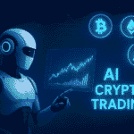 Futuristic AI robot analyzing cryptocurrency market data with Bitcoin and Ethereum symbols, representing advanced AI crypto trading technology.