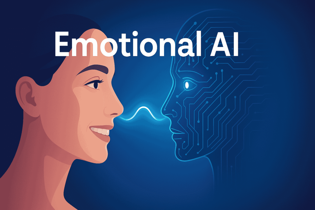 Emotional AI connecting human emotions with artificial intelligence through facial recognition and empathy.