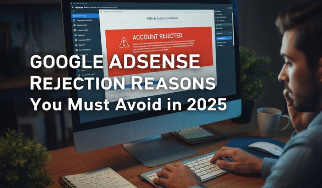 website dashboard with warning icons highlighting google AdSense rejection reasons in 2025
