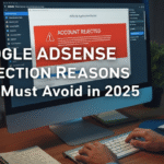 website dashboard with warning icons highlighting google AdSense rejection reasons in 2025