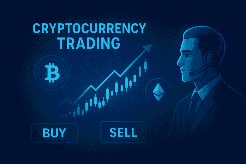 AI crypto trading bot predicting market trends using real-time data charts with Bitcoin and Ethereum logos in a digital blue background.