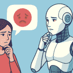 Illustration showing a human and a robot both appearing thoughtful, used to explain the question: Can AI robots feel emotions?