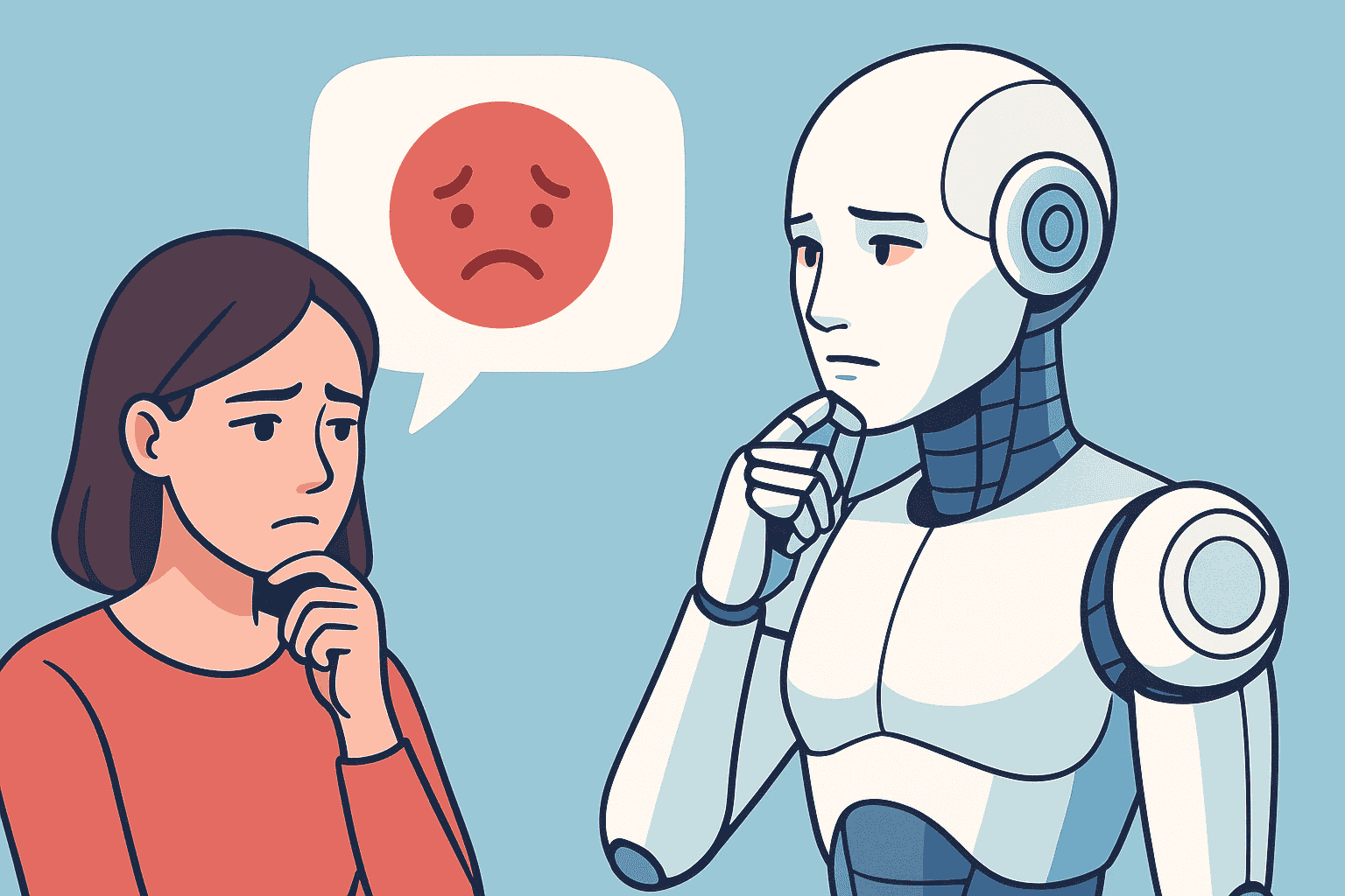 Illustration showing a human and a robot both appearing thoughtful, used to explain the question: Can AI robots feel emotions?